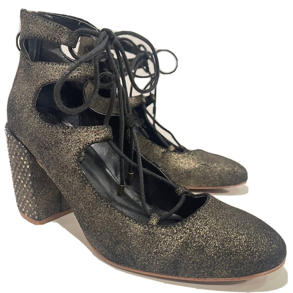Latigo Kamila Womens Bronze Lace Up Black Pumps Chunky Studded Heels Shoe Size 8